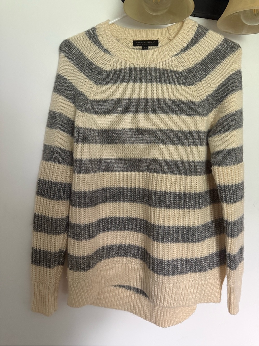 Banana Republic Cream and Gray Striped Crewneck Sweater